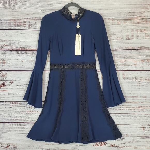 Jonathan Simkhai Blue Dress Black Lace Trim 4 Swing Party Flare Bell Sleeve NWT - Picture 3 of 16